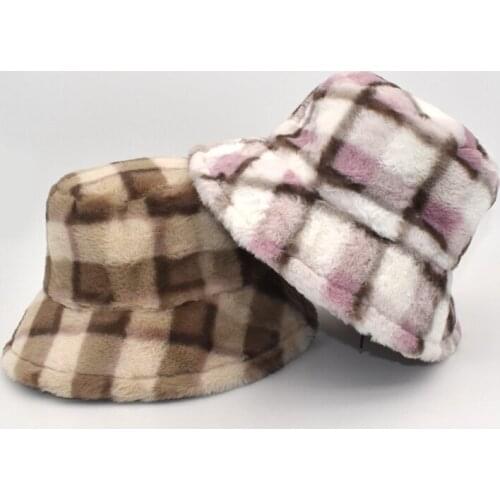 New Original Winter Faux Lamb Wool Bucket Hats Women Warm Fashion Plaid Panama Girls Hat Outdoor Fisherman Cap Men M137