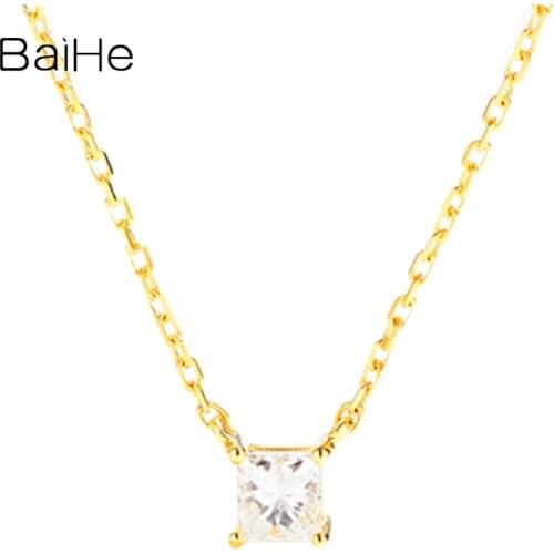 BAIHE Solid 18K Yellow Gold 0.10ct H/SI Natural Diamond Women Vintage Fine Jewelry Simple beautiful Square diamond Necklaces