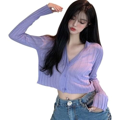 New Summer Korean Version Women T-shirt Solid Color V-Neck Female Short Tshirt Slim Knit Long-Sleeved Sun Tops