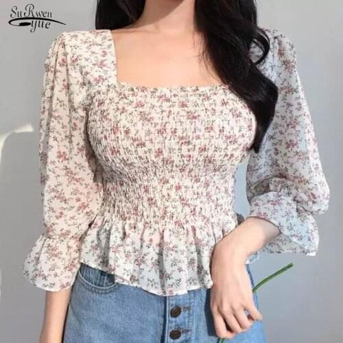 Blusas Mujer Casual Chiffon Shirt Women 2021 Autumn Women Blouse Korean Flare Sleeve Top Square Collar Floral Clothing 10280