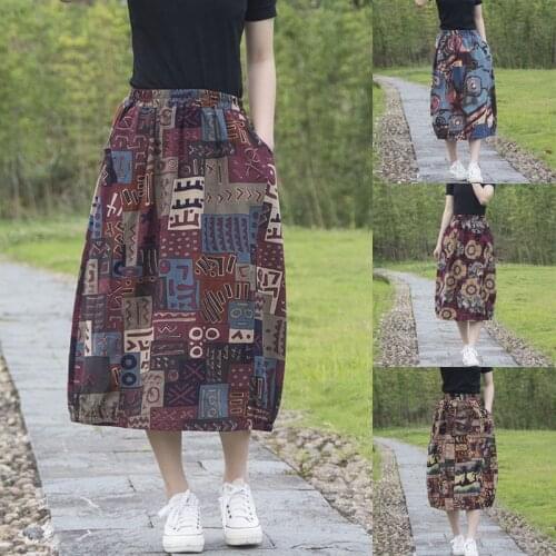 Women Vintage Linen Skirt Ladies Mid-Calf Casual Print Summer Cute Fashion Skirts