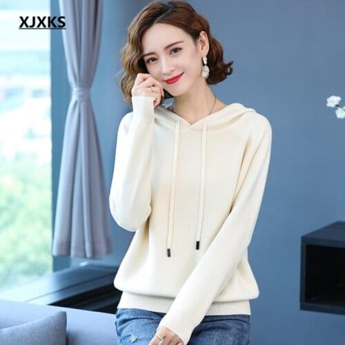 XJXKS Fashion Hooded Women Long Sleeve Sweater 2021 Autumn Winter New High-end Wool Knitted Sweater Women Pullover