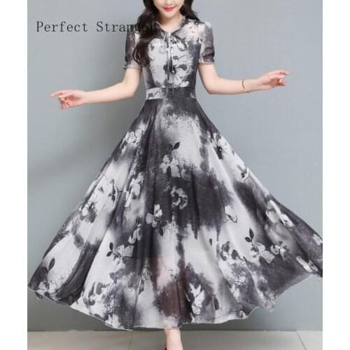 2021 Summer New Arrival Hot Sale Short Sleeve Bow Collar Flower Printed Women Chiffon Long Dress M-3XL