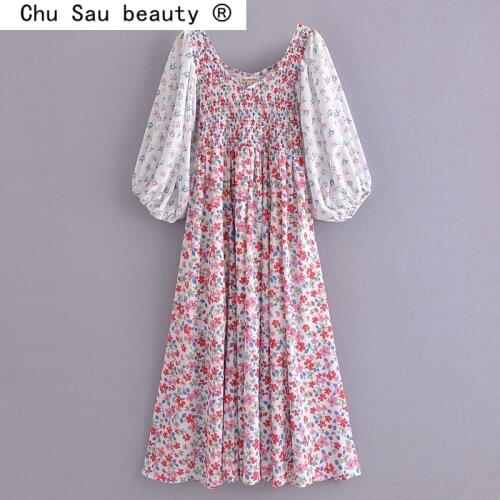 2021 New Fashion Holiday Style Foral Print Chiffon Long Dress Women Summer Streetwear Chic Loose V-neck Dresses Female