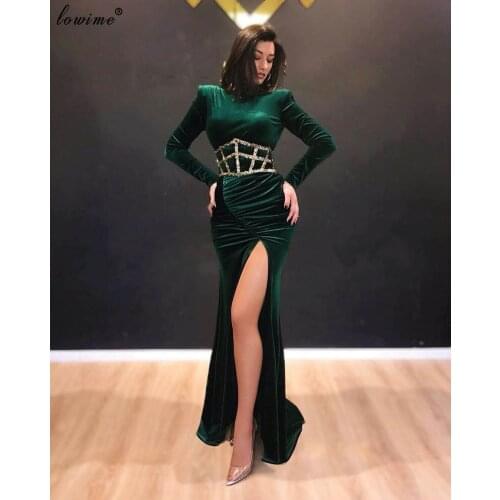 Dark Green Velvet Formal Evening Dresses Long Mermaid Evening Gowns Women High Cut Prom Dresses Party Muslim Wedding Events