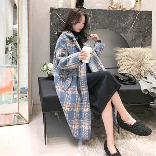 Winter Plaid Women Faux Mink Cashmere Woolen Coat Autumn Ladies Casual Suit Collar Jacket Female Fashion Warm Outwear