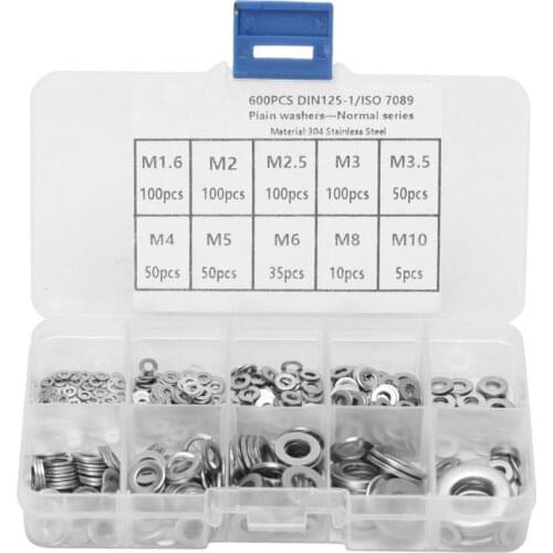 600Pcs M1.6/M2/M2.5/M3/M3.5/M4/M5/M6/M8/M10 Flat Washer Spacer Stainless Steel High Precision Ultrathin Gasket With Storage Box