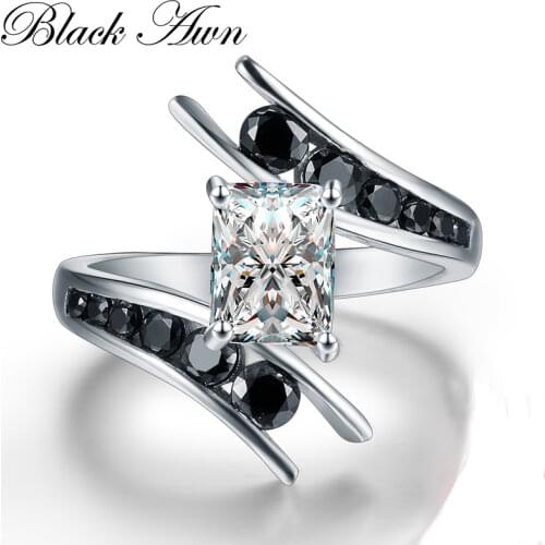 [BLACK AWN] Fine Jewelry 3.9 Gram 100% Genuine 925 Sterling Silver Row Black Stone Engagement Rings for Women Bague C299