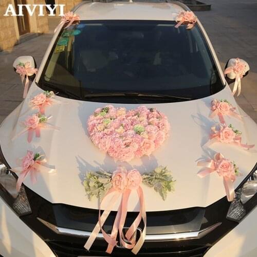Artificial Flowers Pink simulation wedding car decoration silk rose flower car set heart-shaped wedding decoration Wreath DIY