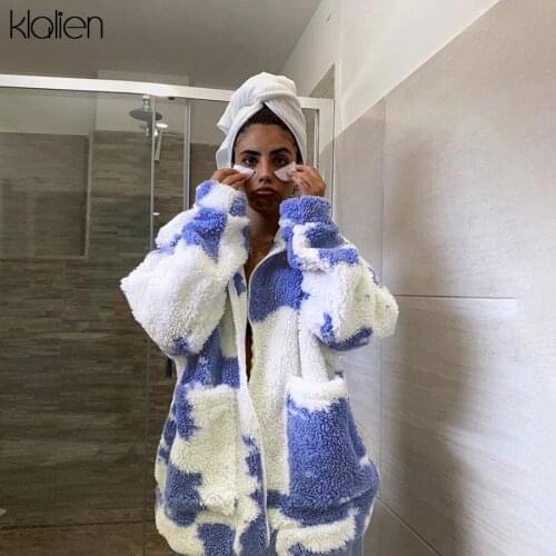 KLALIEN Autumn Zipper Plush Coat Women Fashion High Street Thicken Long Sleeve Turn-down Collar Loose Female Coat 2020 New