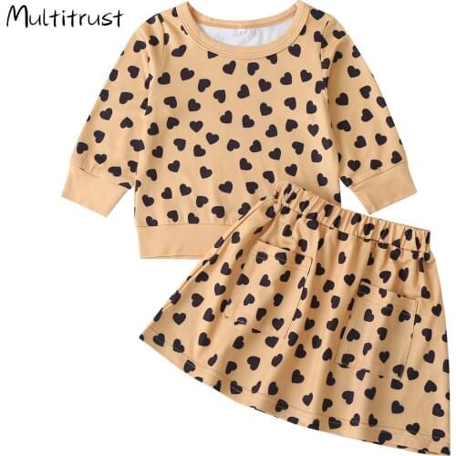 Girls Children Kid Heart Pattern Print Set Long Sleeve Pullover+Skirt Two Piece Baby Girl Autumn Spring Sets Children Clothing