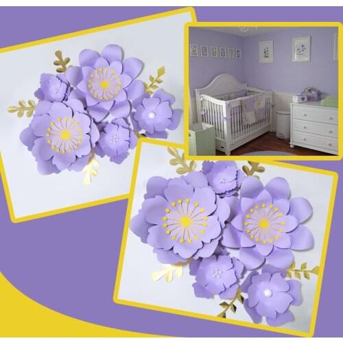 Lilac Rose DIY Paper Flowers Gold Leaves Set For Baby Girl Nursery Wall Art Kids Room Decoration Baby Room Decor Floral Wall