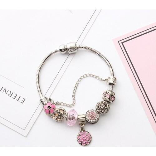 2021 New Arrival Factory Source Fashion Retro Bohemian Pink Elegant Sunflower Pendant Bead Pandora Bracelet