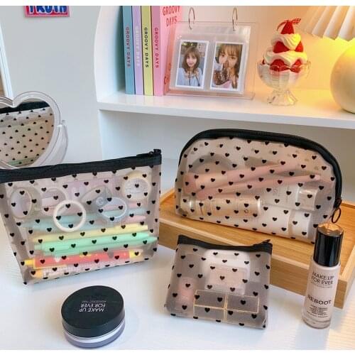 Ins Transparent Travel Bags Beach Cosmetics Bag Girls Heart Pattern PVC Waterproof Toiletries Wash Storage Case
