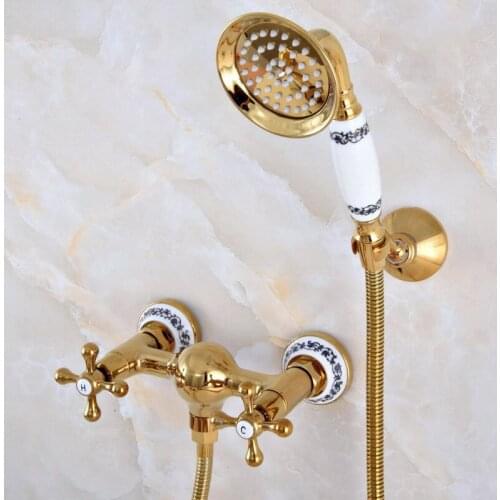 Luxury Polished Gold Color Brass Bathroom Hand Held Shower Head Faucet Set Mixer Tap Dual Cross Handles mna971