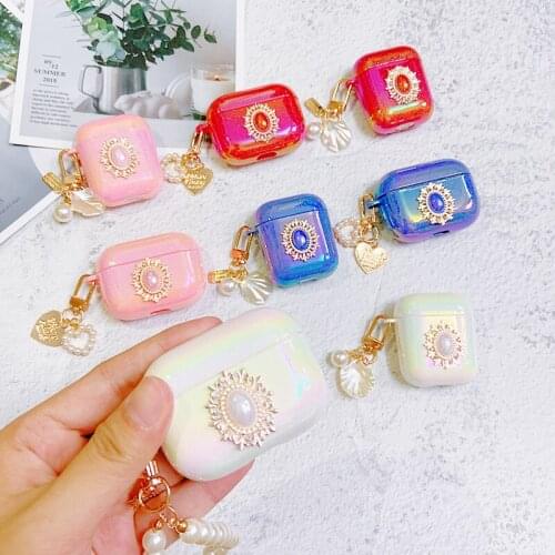 Luxury Gem Water Drop Hard Earphone Case For AirPods 1 2 Pro Wireless Bluetooth Headset Cover With Cute Pearl Bracelet Keychain