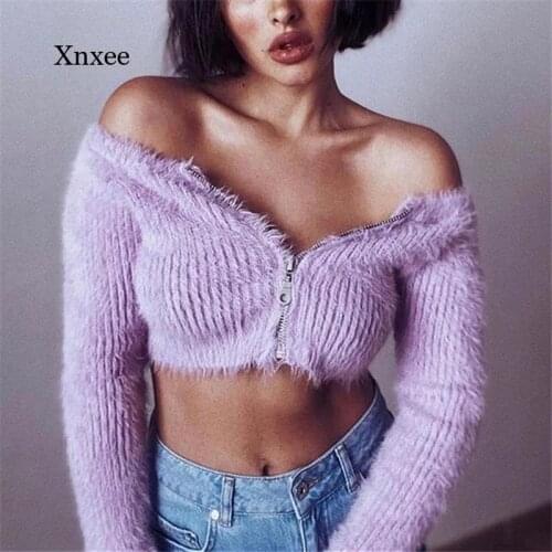 Pink Y2K Sweet Knitted Cropped Tops Women Autumn Cardigan Winter Sweater Sexy Off Shoulder Zipper Knitted Fluffy Cardigans Shirt