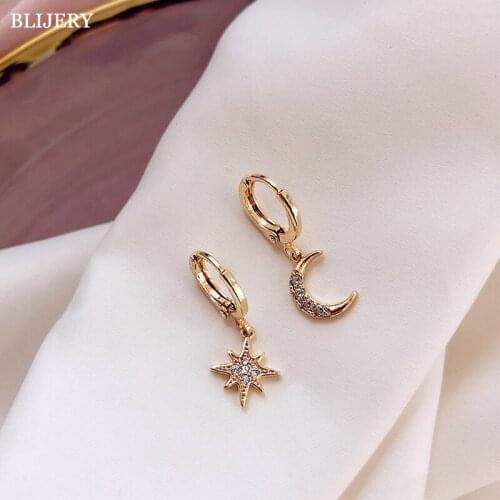 BLIJERY Trendy Fashion Geometric Drop Dangle Earrings for Women Girls Asymmetric Earrings Of Star And Moon Female Korean Jewelry