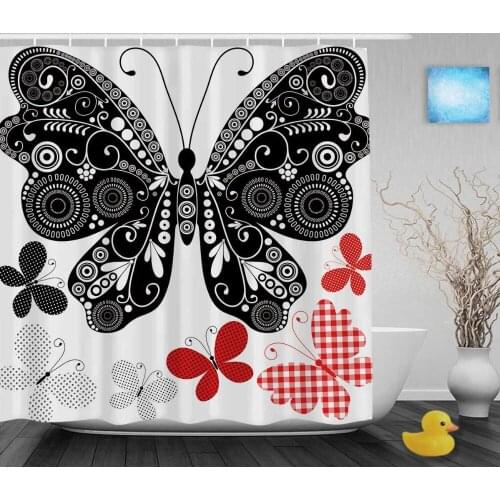 Black White Butterflies Bathroom Shower Curtains Red White Lattice Designed Shower Curtain Waterproof Ployster Fabric With Hooks