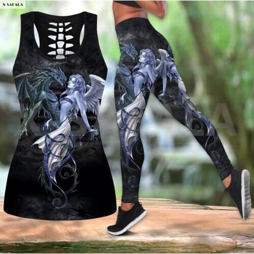 Gothic Dragon Art Two Piece Yoga Set Women 3D Print Vest Hollow Out Tank Top High Waist Legging Summer Casual Sport