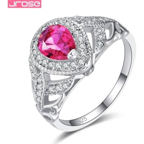 JROSE 2019 Boho Big Rose Red Stone Ring Silver Mosaic Crystal Jewelry Vintage Wedding Rings For Women Accessories Gifts