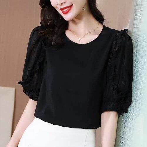 2021 Summer Women Vintage Black Dresses Elegant O-neck Half Sleeve 100% Natural Real Silk Patchwork Lady Solid Blouse Tops