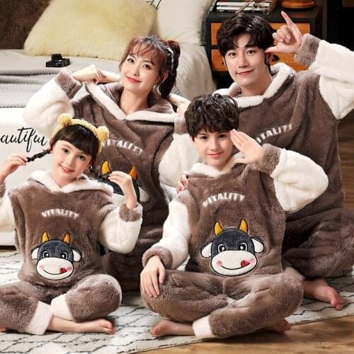 2021 Family Matching Outfits Pajama Set Winter Thicken Coral Fleece Cartoon Cow Sleepwear Hoodie Soft Pyjamas Homewear Clothes