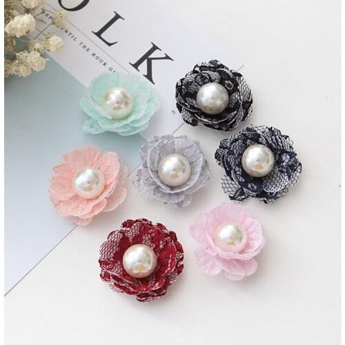 30pcs Mini Mesh Silk Flowers with pearl Charlotte Tulle Puff Flower Head Hydrangea Hair Accessories Burning flower