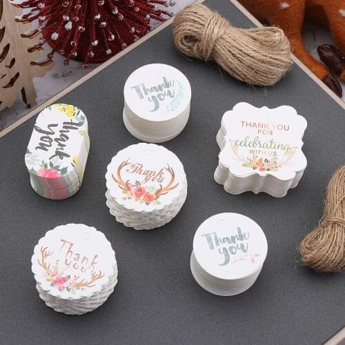 50PCS White Paper Floral Label Hang Tags Christmas Design Tags Gift Box Decoration "Thank You" Sticker Drop Ornaments DIY Tools