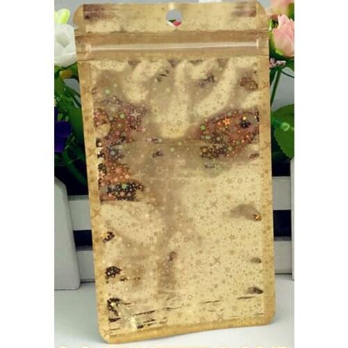 Glittery Golden / Clear Self Seal Zipper Plastic Storage Pack Bag Zip Lock locks with Hang Hole zipper Bag Retail Package 100pcs