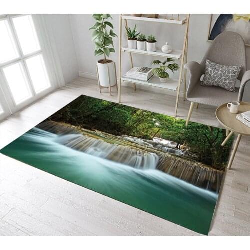 Home Childrens Room Floor Cushion Kitchen Area Rugs Bathroom Carpets Non-Slip Mat Green Forest Waterfall Lake Natural Scenery