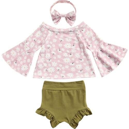 FOCUSNORM 0-3Y Infant Baby Girls Clothes Sets Long Flare Sleeve Floral Printed Off Shoulder Tops Shorts Headband
