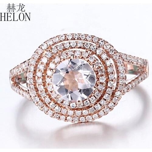 HELON Solid 14K Rose Gold Round 6mm Genuine Natural Morganite Diamonds Engagement Wedding Ring Women Fine Jewelry Diamond Ring