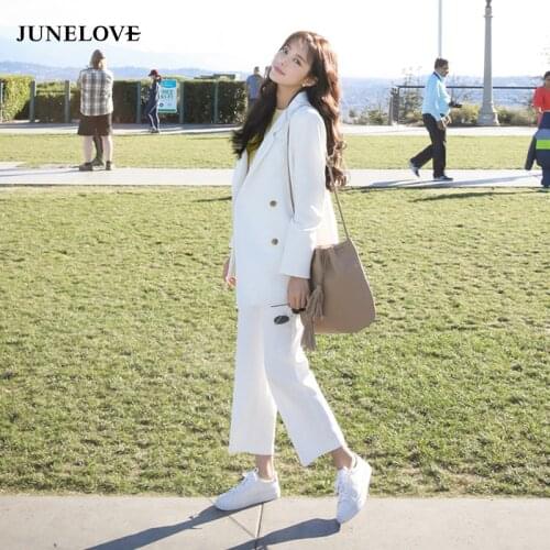JuneLove 2020 spring Women solid double breasted blazer Suits Femme Two Pieces Fit White Blazer Set lady notched Formal Mujer