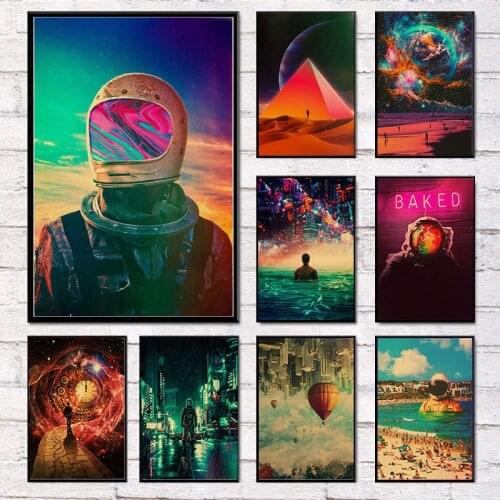 Astronaut Space Dreaming Printed Painting Pictures Vintage Kraft Paper Poster Wall Stickers Home Room Decor Painting Cuadros