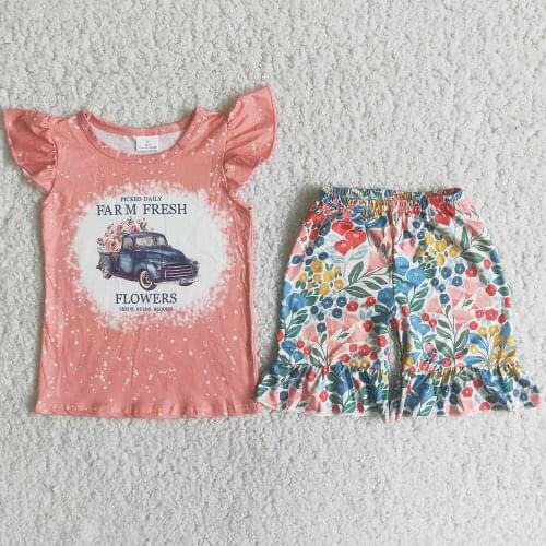 Hot Sale Kids Clothing Set Fashion Baby Girls Designer Clothes Summer Truck Farm Fresh Flowers Seeds Bulbs Blooms Ruffles Shorts