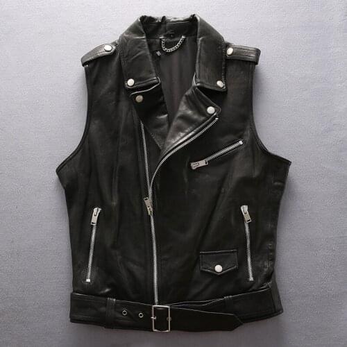 2020 Mens Genuine Leather Soft Sheepskin Motorcycle Biker Slim Fit Short Youth Vest Male Brand Black Sleeveless Jacket