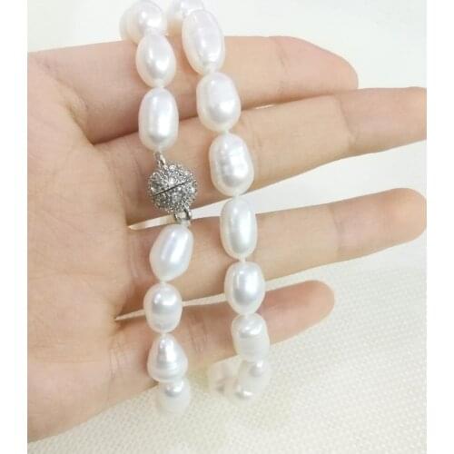 5pcs / Lot natural pearl 8x9mm white oval pearl necklace shining magnet clasp 35cm 43cm 14'' 17'' Freshwater PEARL Women Jewelry