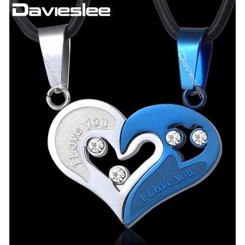 Davieslee I Love You Heart Couples Pendant Necklace Chain Clear Rhinestones Stainless Steel Gold Blue Silver Color DKPM138