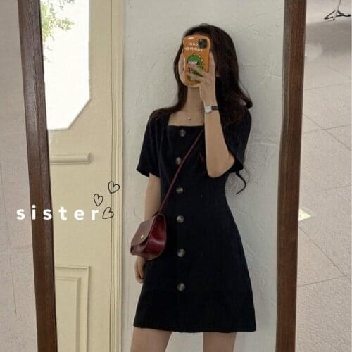 Polyester Party Dress Fashion Black Square Neck Short Sleeve Office Lady Summer Dress Plus Size Slim Casual Dresses