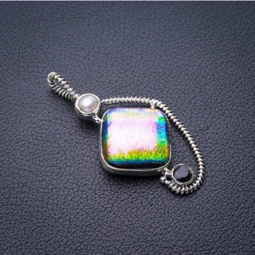 StarGems Natural Rainbow Dichroic Glass,River Pearl And Black Onyx Handmade 925 Sterling Silver Pendant 2" E0372