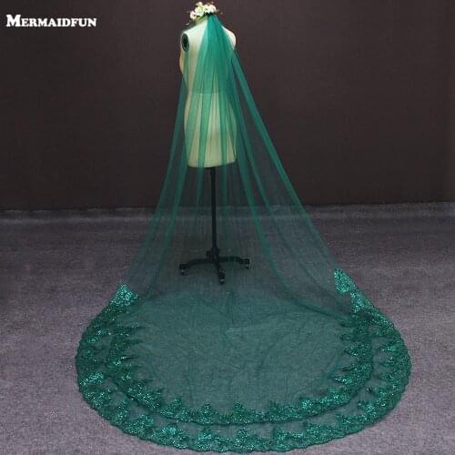 Real Photos Green Wedding Veil Single Tier Bling Sequins Lace Bridal Veil with Comb Beautiful Wedding Accessories