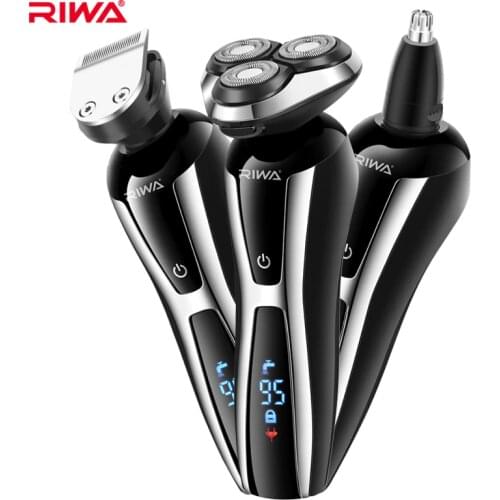 RIWA 3 in 1 Washable Rechargeable Rotary Electric Shaver Triple Blade Shaving Razor Nose Trimmer For Men LCD Display