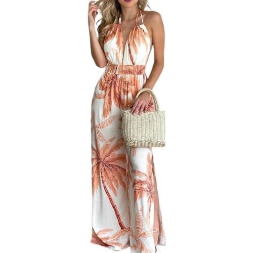 Sexy Women Jumpsuit Sleeveless Floral Tree Print Wide Leg Slit Hem Backless Halter Loose Romper Overall for Party Orange xxl