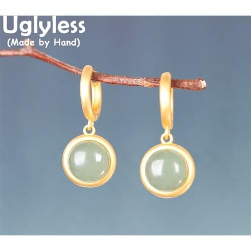 Uglyless Fashion Simple Gold Hoop Earrings Women Perfect Round Natural Jade Earrings Korean Design Gemstones Brincos 925 Silver