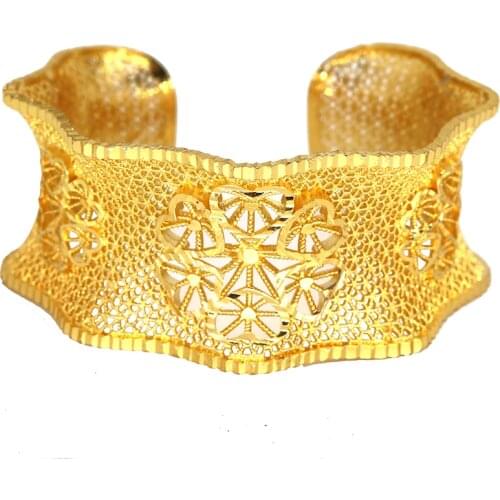 Wide Bracelets 24k Copper Habesha Bangle for Women Gold Color Arc Shaped African India Hand Chain Dubai Bridal Wedding Gifts