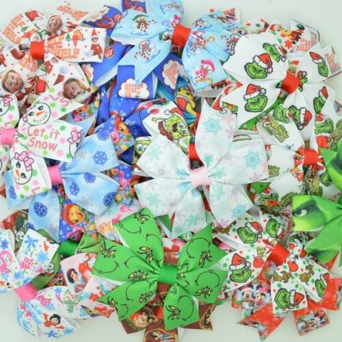 SUPWRF 1 PCS 3.1" Inch Christmas Elf Cute Girls Bows Clips Girls hair bow Headware Kids Hair Accessories Printed Ribbon T0929