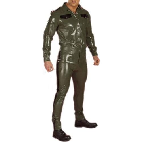 Army Green and Black Trims Uniform Men Latex Top Shirt and Pants One Set Plus Size Handmade BNLCM001