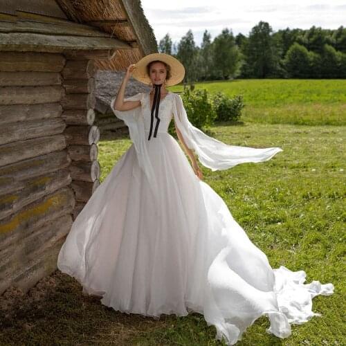 UZN Boho Wedding Dress A-Line Long Sleeves V-Neck Chiffon Bridal Gowns White Puffy Brides Dress Custom Made