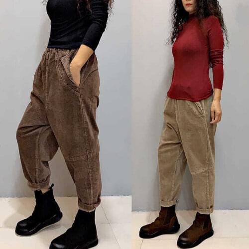 Vintage Elastic Waist Corduroy Pants Plus Size Women Solid Harem Pants Loose Casual Trousers Female Bottoms Pantalon Turnip X410